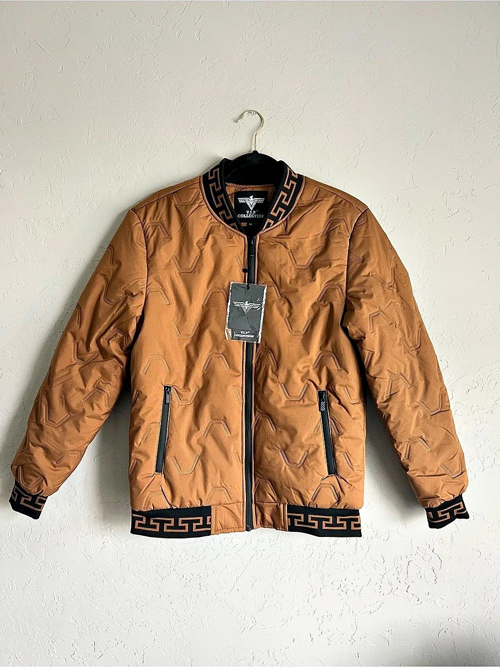 V.I.P Collection Men's Brown Bomber Jacket M Full Zip Faux Fur Lined Pockets